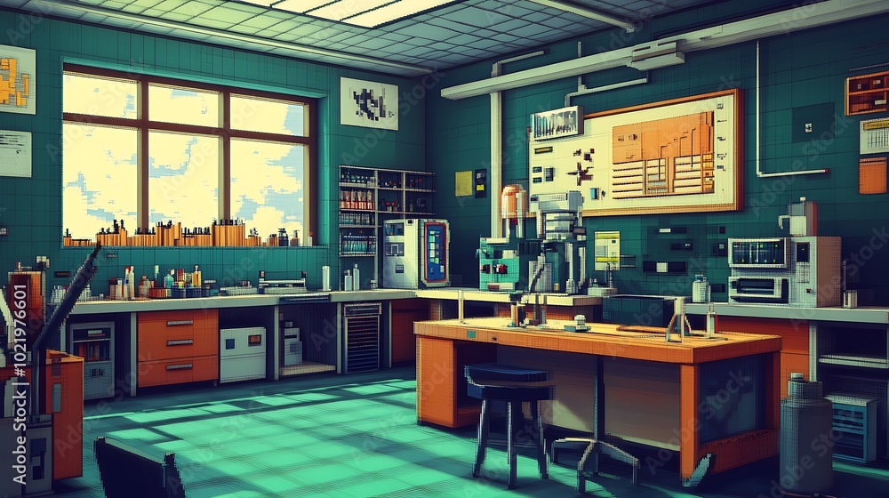 Poster empty cartoon style science laboratory with lab equipment, computers and test tubes. room for text a