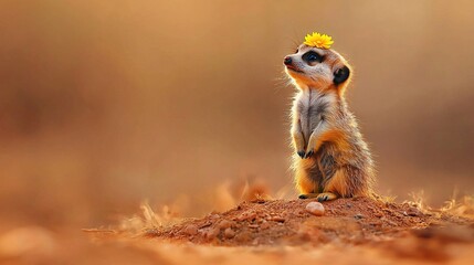 Fototapeta premium A meerkat stands on hind legs holding a yellow flower in hair atop a dirt mound
