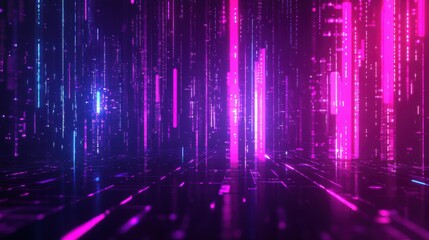 Glitch neon loading. Cyberpunk futuristic concept. Purple and blue glowing lights on dark pixel background. Creative design with color lines. Neon effect. Vector illustration
