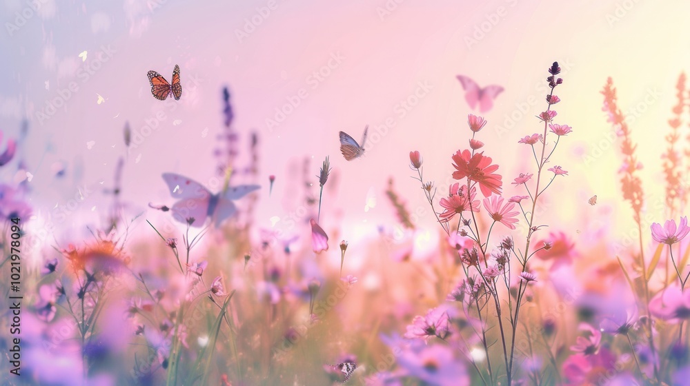 Poster butterflies flutter gracefully amongst a variety of blooming flowers in a colorful meadow, creating 