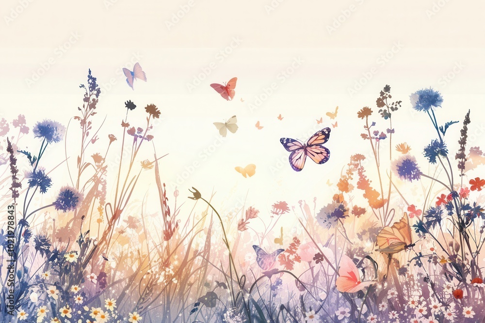 Poster wildflowers bloom vibrantly as butterflies flutter gracefully in a sunny meadow, creating a lively a