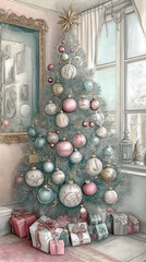 Christmas tree and gifts in room.