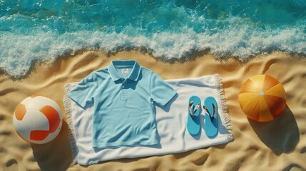 Obraz premium A blue polo shirt, flip-flops, and two beach balls on a towel on the sand, with ocean waves in the background.
