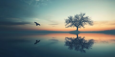 Silhouette of a Lone Tree and Flying Bird Reflected in Still Water at Sunset