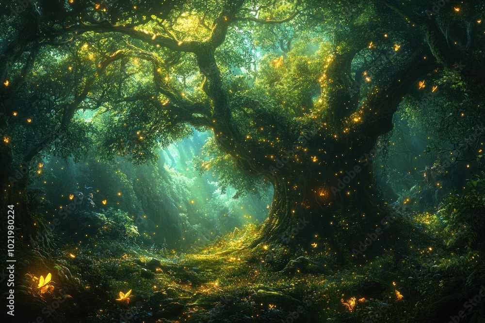 Poster a magical forest with glowing fireflies and a large tree, creating an enchanting atmosphere.
