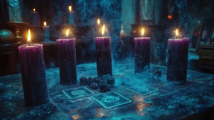 occult altar in a shadowy room, surrounded black candles, Tarot cards 