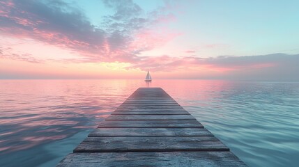   A sailboat is moored at the pier's edge in the center of the ocean as the sun descends