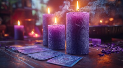 occult altar in a shadowy room, surrounded black candles, Tarot cards 