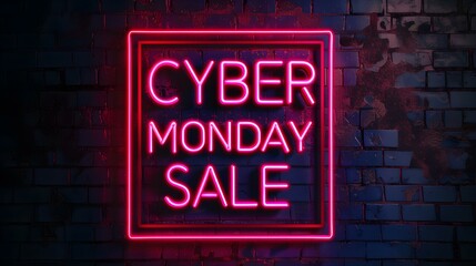 Fototapeta premium Red Neon 'CYBER MONDAY SALE' Sign on a Brick Wall