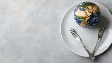 A world globe, richly colored and beautifully detailed, sitting on a white ceramic plate. Fork and knife gleam beside it, resting on a soft light background, symbolizing global coo