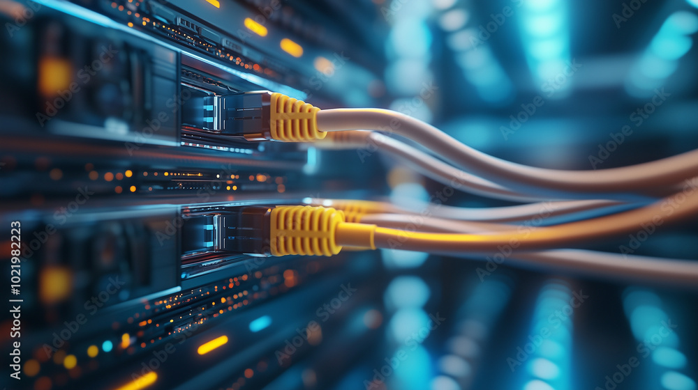 Poster detailed view of multicolored network cables, each connected securely with yellow connectors into a 