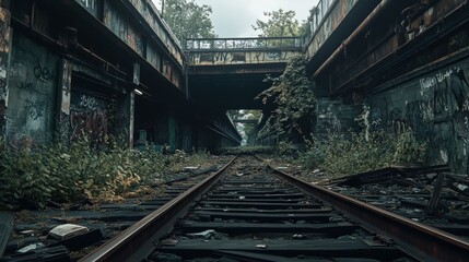Fototapeta premium Overgrown railroad tracks under a bridge with graffiti covered walls and a hazy sky.