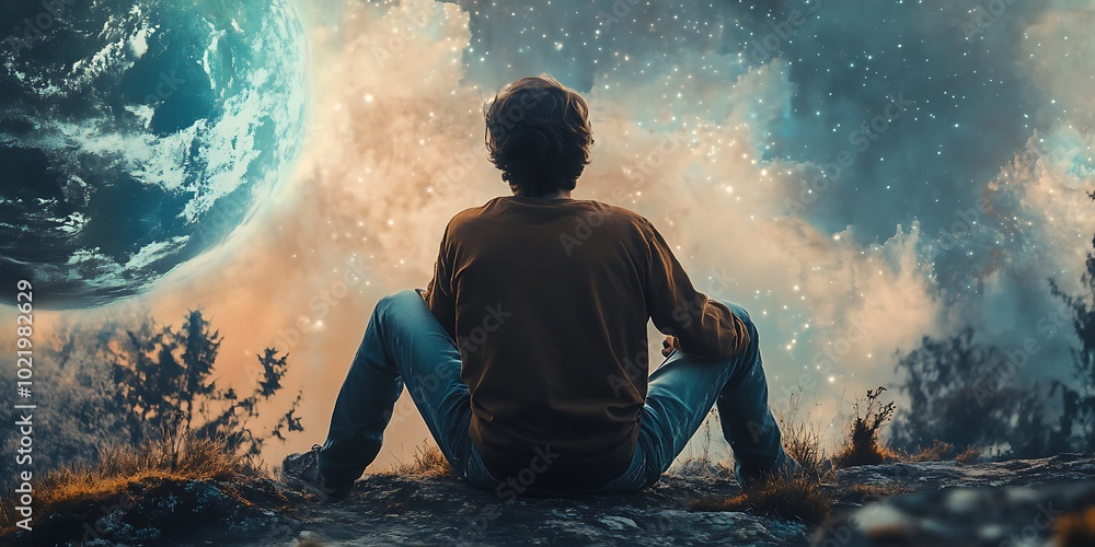 Aufkleber man contemplating the vastness of space with a distant planet in the background