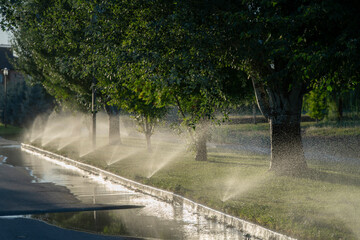 A lawn irrigation system is actively watering a vibrant green lawn under the morning sun....