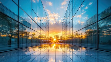 Obraz premium A modern office building with glass facade reflecting the sunset and clouds.