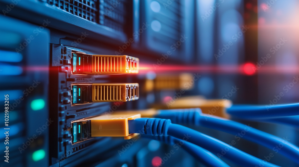 Poster a zoomed-in view of neatly aligned blue, green, and red network cables with yellow connectors plugge