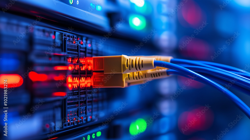Poster a zoomed-in view of neatly aligned blue, green, and red network cables with yellow connectors plugge