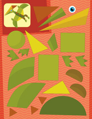 cartoon scene with character puzzle cutout educational exercise manual work with scissors animal dinosaurus dino pteranodon pterodactyl bird flying illustration for children cutout © honeyflavour