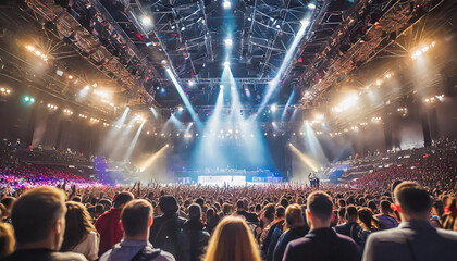 A large crowd enjoys a vibrant concert with colorful lights illuminating the venue during a lively music event