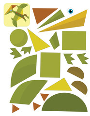 cartoon scene with character puzzle cutout educational exercise manual work with scissors animal dinosaurus dino pteranodon pterodactyl bird flying illustration for children cutout © honeyflavour