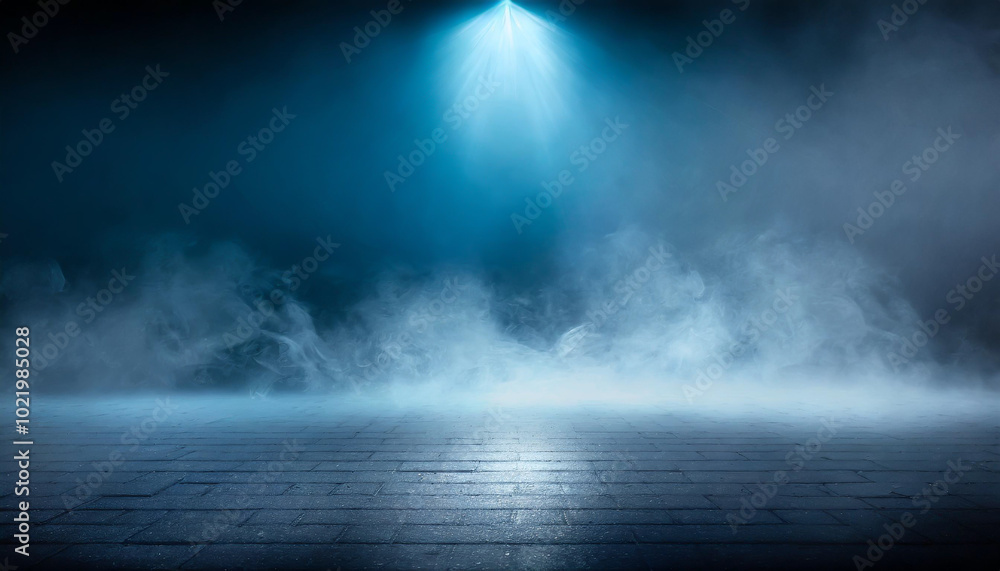 Poster mysterious blue light shines down on a foggy stage, creating an atmospheric effect suitable for perf