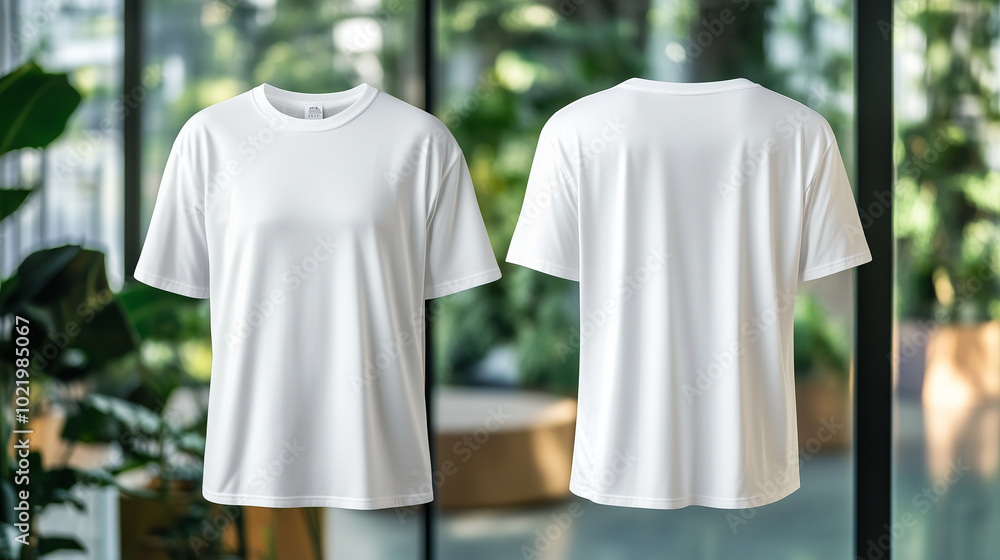 Poster a simple white plus-size t-shirt mockup with both front and back views placed side by side, set agai