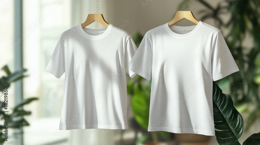 Poster a simple white plus-size t-shirt mockup with both front and back views placed side by side, set agai