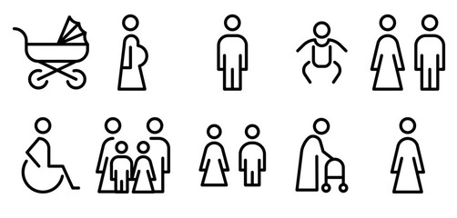 Family, couple, man, woman, wheelchair, stroller, baby, newborn, children, elderly person, pregnant  line icon vector set. Editable Stroke