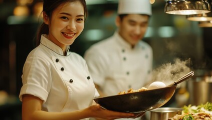 Beautiful young asian female chef holding hot wok with steam coming out and smiling at camera while standing in front of her male colleague who turned his head and looked away.
