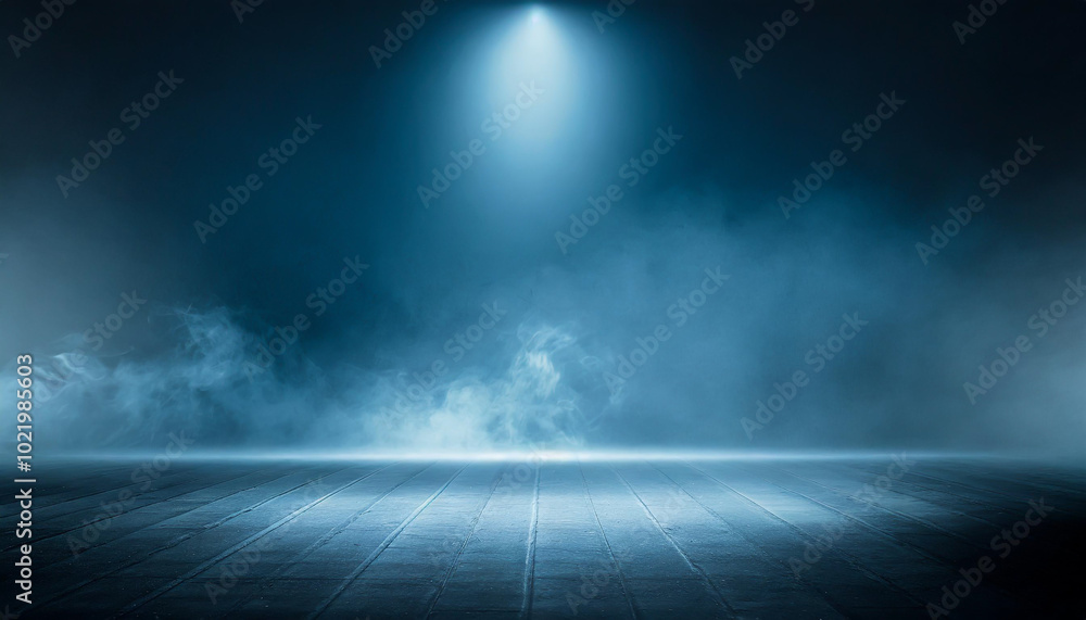 Poster mysterious illuminated stage with fog creating an atmospheric ambiance in a dark setting