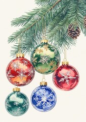 Festive Christmas Tree and Baubles Illustration Featuring Vibrant Multicolored Ornaments and Evergreen Pine Branches