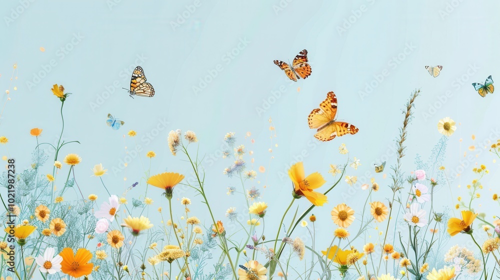 Wall mural Bright butterflies dance playfully around blooming flowers in a vibrant meadow during a sunny spring day. Generative AI