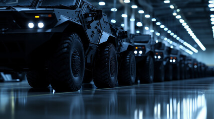 A row of military armored vehicles stands proudly in a high-tech factory, with polished floors reflecting their robust structures. The industrial lighting above casts sharp shadows