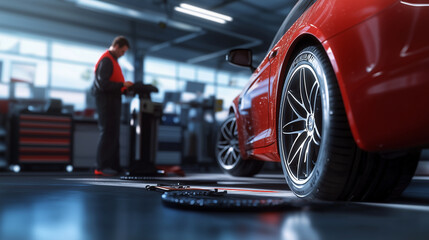 In a modern, well-lit auto garage, a technician expertly replaces a carâs winter tire with a summer tire, ensuring a safe ride. The background reveals neatly organized tools and eq