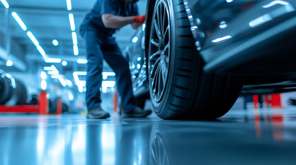 A mechanic carefully checks the alignment of a newly installed summer tire, replacing the worn winter tire. The well-organized garage space features bright lighting and a spotless