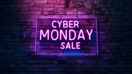 Obraz premium Purple Neon 'CYBER MONDAY SALE' Sign on a Brick Wall