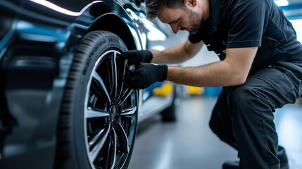 A close-up of a technician balancing a carâs new summer tire, ensuring a smooth ride after replacing the winter tire. The clean, well-lit garage setting provides a professional bac