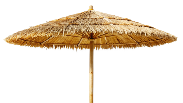A traditional straw beach umbrella with a wide, conical canopy, supported by a sturdy pole, designed to provide shade and enhance outdoor relaxation.
