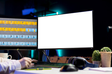 Content specialist uses graphic design skills to make social media post on isolated screen multi...