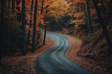 Obraz premium A winding road through an autumn forest, with leaves in various shades of orange and red, creating a picturesque scene Generative AI