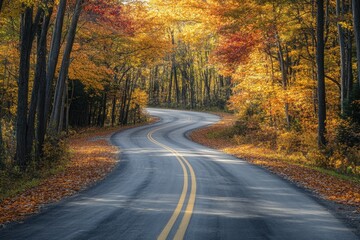 Fototapeta premium A winding road through an autumn forest, with leaves in various shades of orange and red cascading down the sides of the trees, colorful display against a backdrop of golden sunlight Generative AI