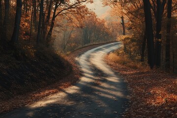 Obraz premium A winding road through an autumn forest, with leaves of various shades of orange and red covering the ground, leading to distant hills covered in golden foliage Generative AI