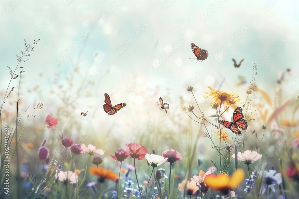 Aufkleber Bright wildflowers blanket the meadow while butterflies flutter gracefully all around, creating a lively spring atmosphere. Generative AI