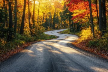 Fototapeta premium A winding road through an autumn forest, with leaves of various shades from yellow to red and orange, leading into the distance Generative AI