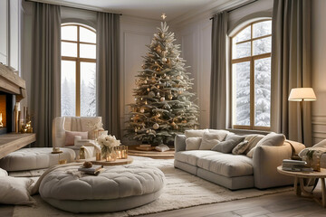 AI-generated image of winter luxury Chalet with Christmas decorations, and plush furnishings, with a view from an open-concept window of a snow-covered mountain