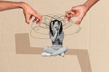Composite collage picture image of scared young female hands grab bullying pressure unusual fantasy...