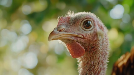 A close-up of a turkey's head, capturing intricate details of its feathers and beak, set against a blurred natural background