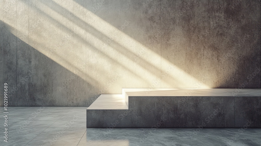 Poster a concrete platform with two steps in a room with sunlight streaming in through a window.