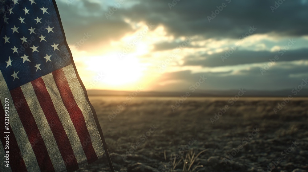 Poster a close-up of the american flag in front of a wide-open field with sunlight breaking through the clo