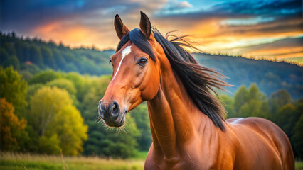Fototapeta premium Majestic brown horse with confident mood against vibrant sunset sky and lush landscape